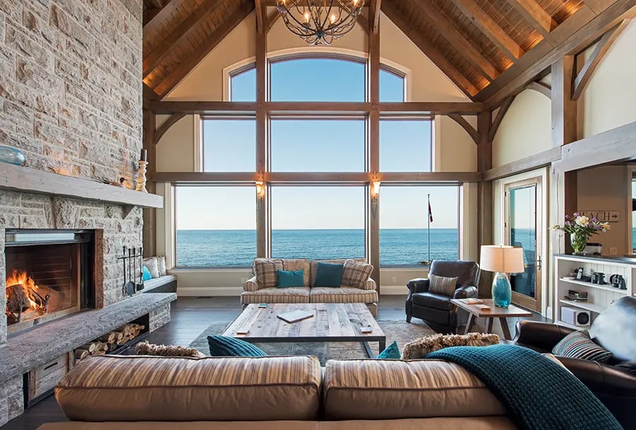 4-Normerica-Timber-Frame-Interior-Cottage-Living-Room-Great-Room-Fireplace-Lake-View-Cathedral-Ceiling