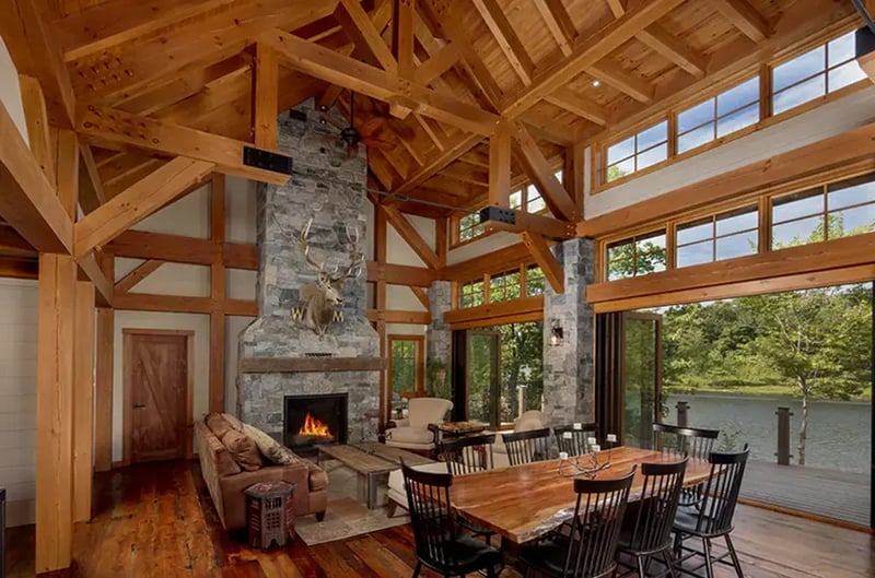 16-Normerica-Timber-Frame-Interior-Cottage-Great-Room-Living-Room-Dining-Room-Open-Concept-Cathedral-Ceiling-Fireplace