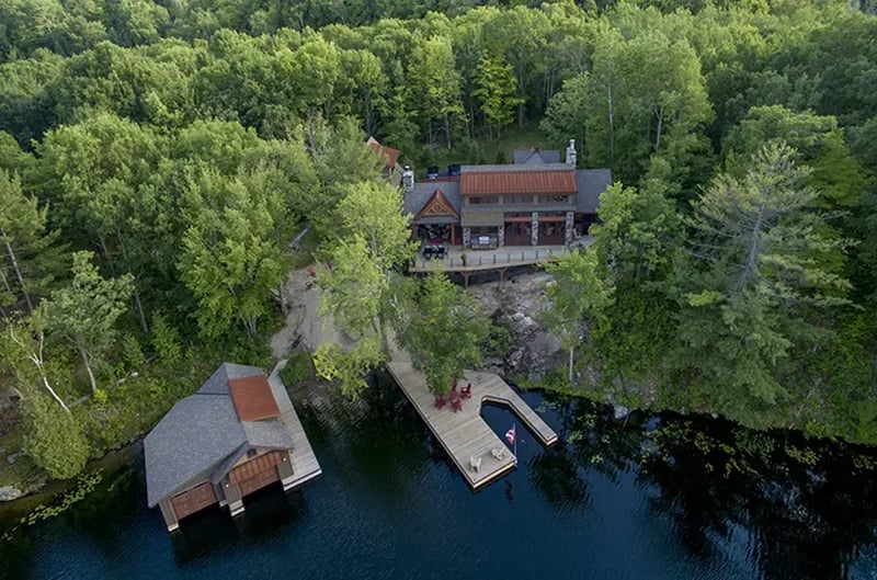 2-Normerica-Timber-Frame-Exterior-Cottage-Aerial-View-Boat-House-Dock