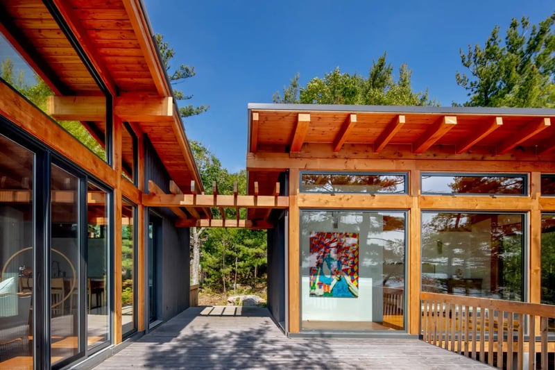 Georgian-Bay-Cottage-Exterior-Connection-of-Two-Pods-Normerica-Timber-Homes