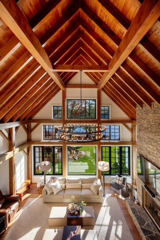 Traditional-Lakeside-Cottage-Lakeside-Escape-Project-Portfolio-Interior-Great-Room-View-From-Loft-Normerica-Timber-Homes