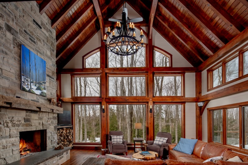 Log Cabin Chalet Woodland Retreat Project Interior Great Room Fireplace Winter Normerica Timber Homes