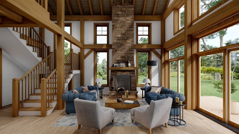 Normerica Timber Homes, House Plans, The Kettleby 4001, Interior, Fireplace, Great Room, Living Room, Staircase