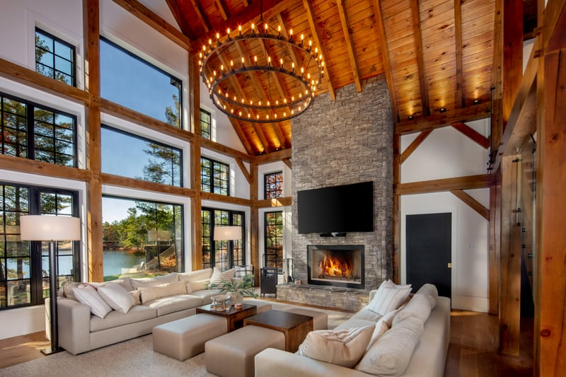 Normerica Timber Homes, Portfolio, Lakeside Escape, Interior, Great Room, Fireplace, Cathedral Ceiling-2