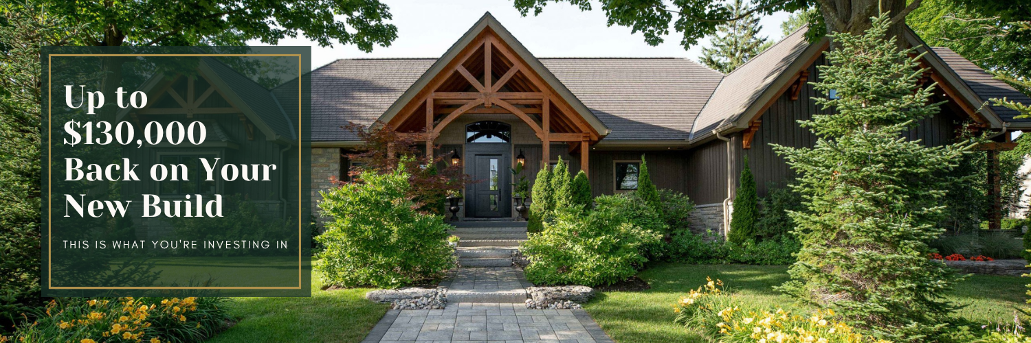 Up to $130,000 in HST relief on a new custom timber frame home — exterior view of a Normerica timber frame home surrounded by mature trees and landscaping