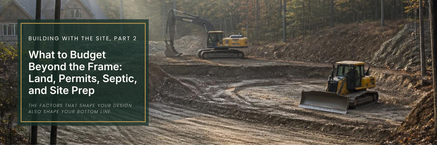 Excavated building site with grading equipment on a wooded lot, header image for 